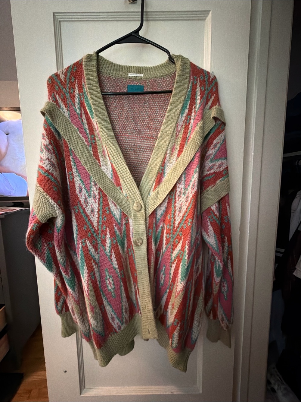 Oversized Patterned Knit Cardigan Sweater - Pink Multi